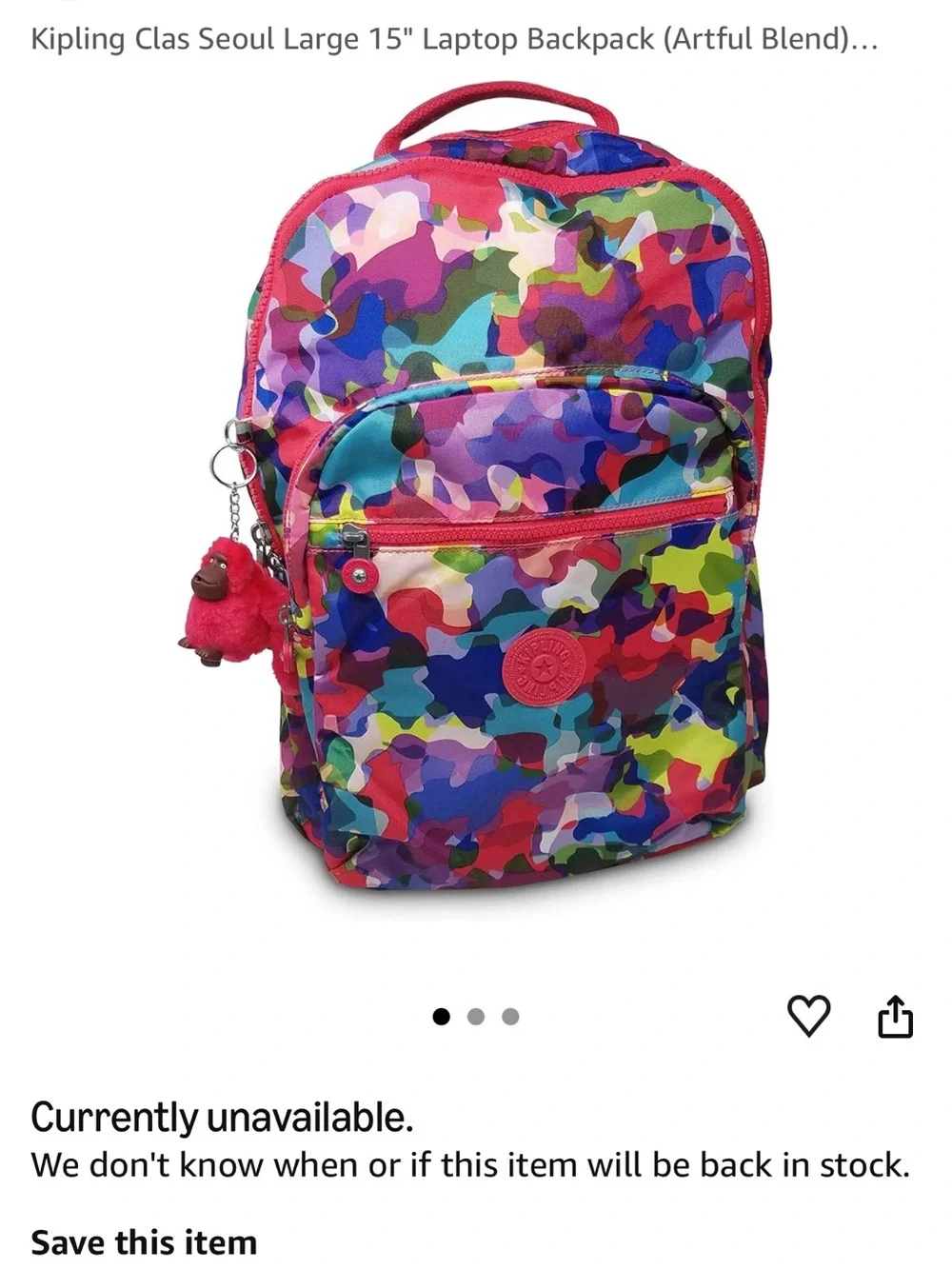 Kipling Multicolor Camo 15in Laptop Backpack with Bright Pink Accents